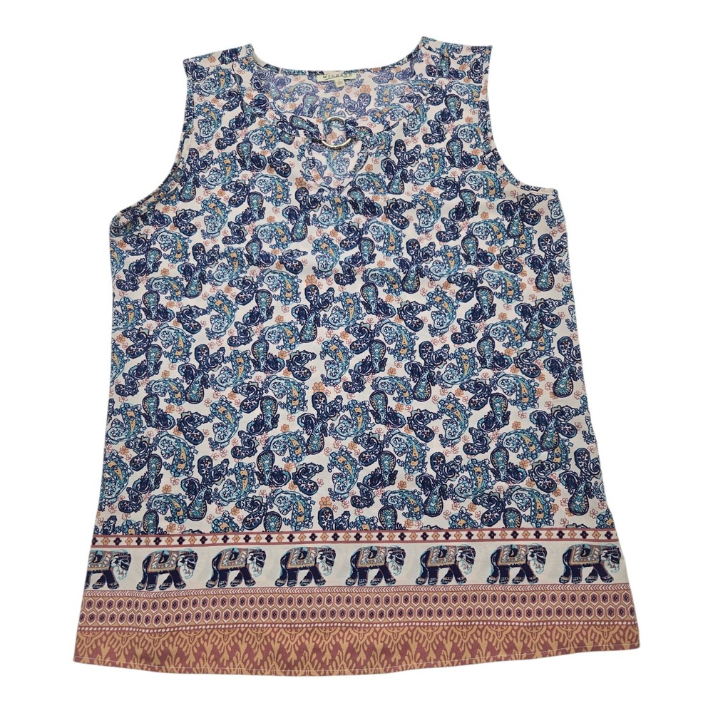 MILEAGE Sleeveless Paisley Elephant Print Keyhole Neck Top Women's Size L Chic